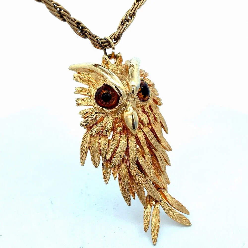 1970's Silver & Gold Tone Rhinestone Wisdom Intuition Luck Lot Two Owl Necklaces